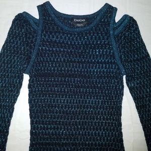 BEBE Black Knit Long Sleeve Shirt With Blue Sparkles